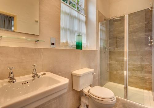 uma casa de banho com um WC, um lavatório e um chuveiro em Monks Bridge em Crosby Ravensworth