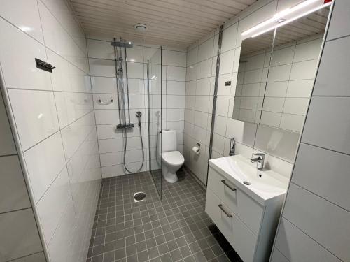 ein Bad mit einem WC, einer Dusche und einem Waschbecken in der Unterkunft ARENA Studio 2 in Tampere
