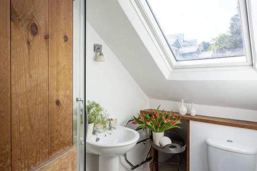 a bathroom with a sink and a toilet under a skylight at Start Way in Kingsbridge