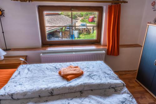 a bedroom with a bed and a window with a blanket at Ranč Červený mlýn in Lisov
