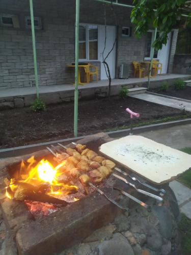 a grill with a fire and some food on it at BARBIMARIA in Khertʼvisi