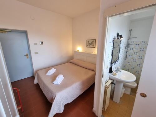 Dormitorio pequeño con cama y lavamanos en Hotel Portofina, en Santa Marinella