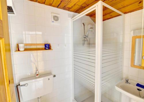 a bathroom with a shower and a toilet and a sink at 2 Bransdale Cottage in Glaisdale
