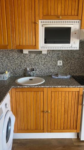La salle de bains est pourvue d'un lavabo et d'un four micro-ondes. dans l'établissement Font-Romeu : T2 avec grande terrasse et garage, à Font-Romeu-Odeillo-Via