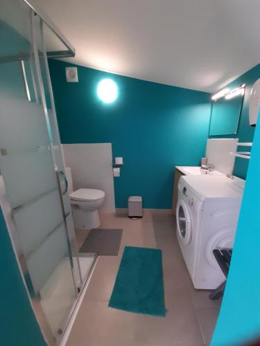 uma casa de banho com uma máquina de lavar roupa e um WC em Chambre indépendante em Avignon