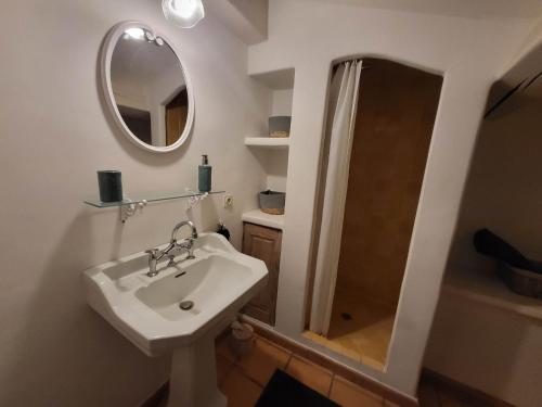 une salle de bain avec un lavabo, une douche et un miroir dans l'établissement La haute verrerie, au Cannet-des-Maures