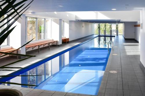 a large swimming pool with blue water in a building at Spacious sun-drenched apartment, centrally located in Canberra