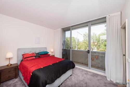 1 dormitorio con cama y ventana grande en Spacious sun-drenched apartment, centrally located en Canberra