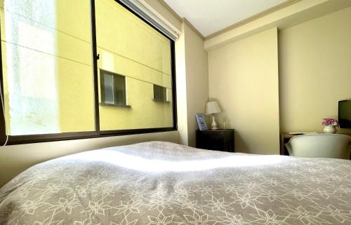 a bedroom with a bed and a large window at Private bedroom in Calacoto in La Paz