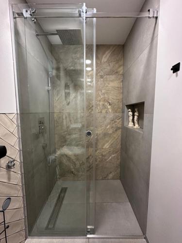 eine Dusche mit Glastür im Bad in der Unterkunft Day & Night Apartment in Ćuprija