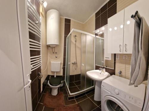 a bathroom with a toilet sink and a washing machine at Apartmani Komatina Đenovići 2 in Herceg-Novi
