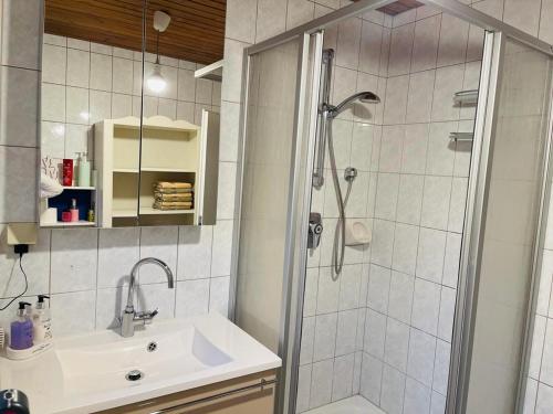 uma casa de banho branca com um chuveiro e um lavatório. em APARTMENT Schlossbergblick em Griffen