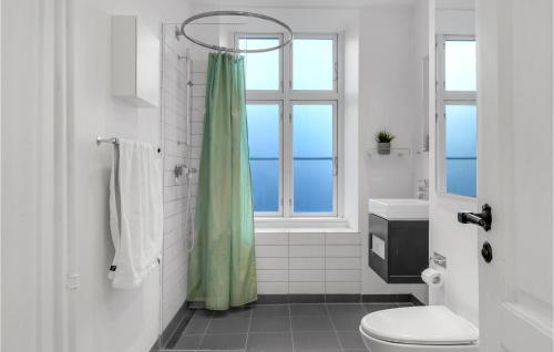 uma casa de banho com uma cortina de chuveiro e um WC em Nice Apartment In Kbenhavn With Wifi em Copenhaga