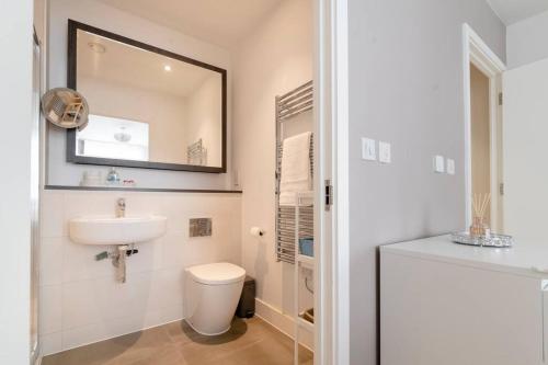 ein Badezimmer mit einem Waschbecken, einem WC und einem Spiegel in der Unterkunft Lovely En-suite Flat with Balcony and Parking. in London