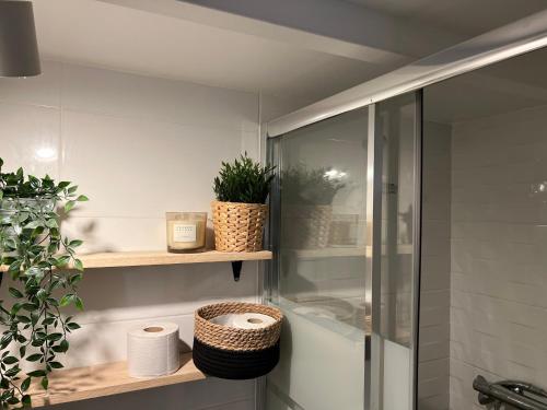 ein Badezimmer mit einer Dusche und Regalen mit Toilettenpapier in der Unterkunft Le Nid douillet - HyperCentre - à 2 Pas de la Gare in Toulouse