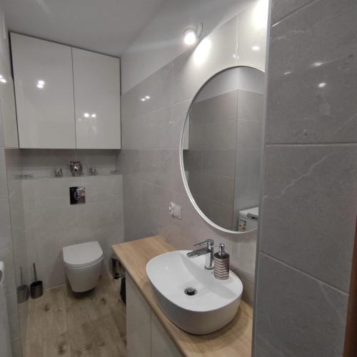 een badkamer met een wastafel, een spiegel en een toilet bij Apartament Brzeźno Plaża in Gdańsk