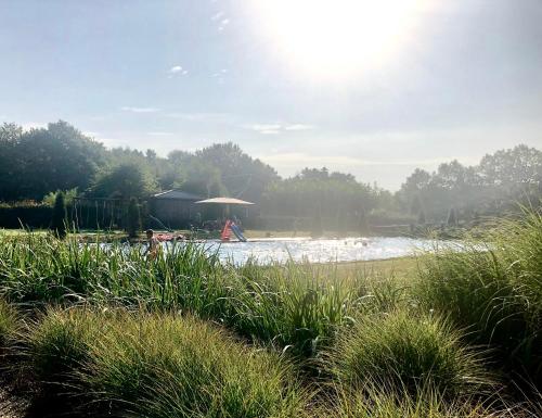 a beach with people in the water with an umbrella at Het Hilkensberg Park in Broekhuizen