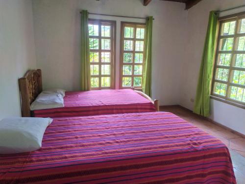 two beds in a room with two windows at Casa de Campo 4 habitaciones Ideal 12 personas in Santa Cruz Verapaz