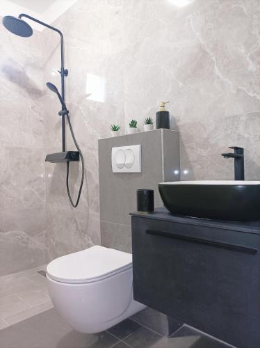 a bathroom with a shower and a toilet and a sink at Green paradise in Marina