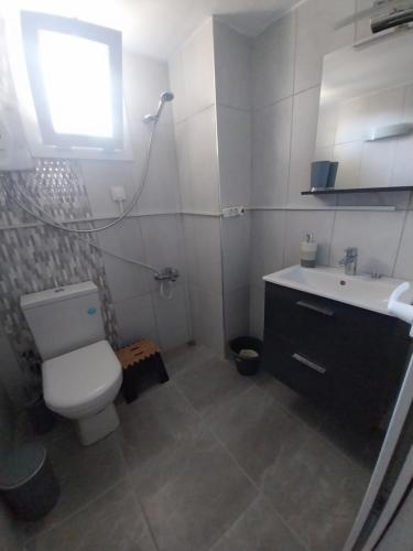 La salle de bains est pourvue de toilettes blanches et d'un lavabo. dans l'établissement Arko sitesi, à Karaburun