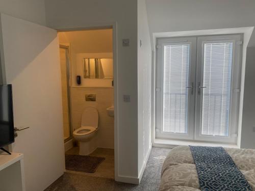 a bathroom with a bed and a toilet and a television at Eaglet luxury home in Manchester