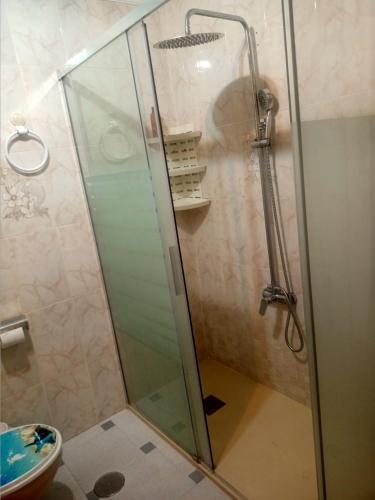 a shower with a glass door in a bathroom at apart playa Tano in La Mata