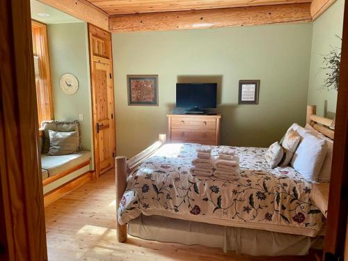 a bedroom with a bed with a dresser and a television at Cayuga Lodge South in Cooperstown