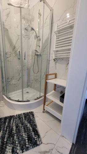 ein Badezimmer mit Dusche mit Teppich und Glasdusche in der Unterkunft White Beach 211 in Mielno