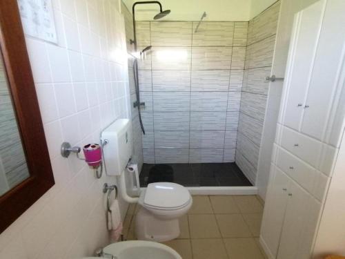 a small bathroom with a toilet and a shower at Casas da Boa Vista in Horta