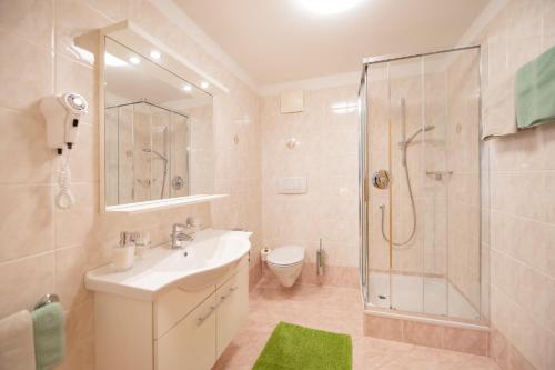 y baño con lavabo, ducha y aseo. en Ferienwohnungen Lanserhof, en Appiano sulla Strada del Vino
