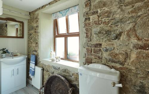 Baño de piedra con lavabo y ventana en Kilquiggan Cottages en Coolkenna Street