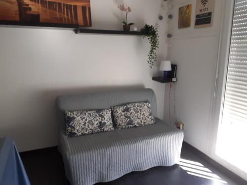 ラ・グランド・モットにあるStudio avec piscine à 2 pas de la plageのソファ、枕2つが備わる客室です。