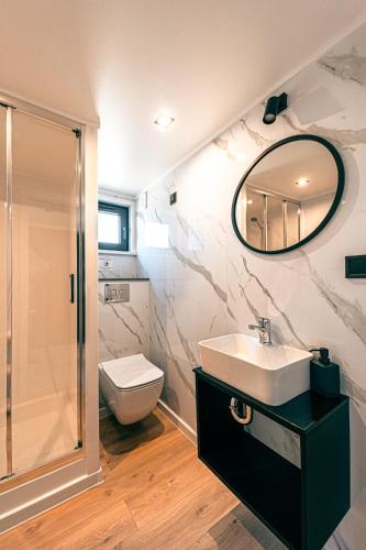 a bathroom with a sink and a toilet and a mirror at Wynki no. 69 in Łukta