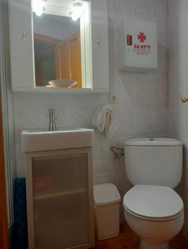 ein Badezimmer mit einem WC, einem Waschbecken und einem Spiegel in der Unterkunft Casa Villastur in Covadonga
