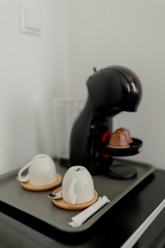 a black counter top with a mixer and two dishes at No. 55 in Buzau