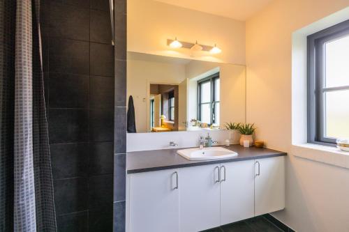 a bathroom with a sink and a shower at Lake House Central Lyngby in Kongens Lyngby