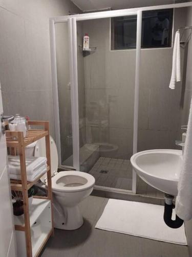 a bathroom with a shower and a toilet and a sink at Serene Sanctuary with Ocean View in East London
