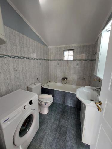W łazience znajduje się toaleta, umywalka i pralka. w obiekcie Lakkopetra Beach House w mieście Kato Achaia