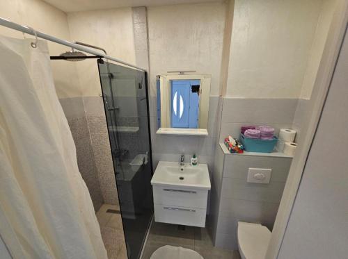 La petite salle de bains est pourvue d'un lavabo et d'une douche. dans l'établissement Apartmani Alma, à Podgora