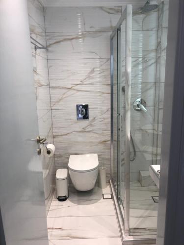 a bathroom with a toilet and a glass shower at Studio Mare in Megalochori