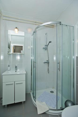 a bathroom with a glass shower and a sink at Guesthouse Aurora in Hvar