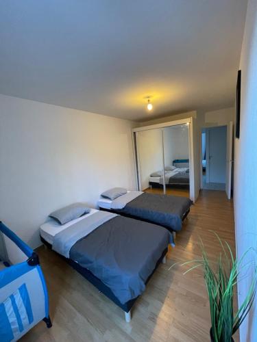 1 Schlafzimmer mit 2 Betten und einem Spiegel in der Unterkunft Grand appartement Annemasse in Annemasse