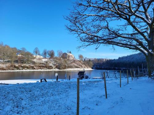 a winter scene of a river with snow on the ground at Gîte Le Haut des Vannes in Neufchâteau