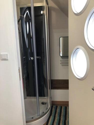 une salle de bain avec une douche avec une porte vitrée dans l'établissement Appartement type loft avec terrasse, à Cherbourg en Cotentin