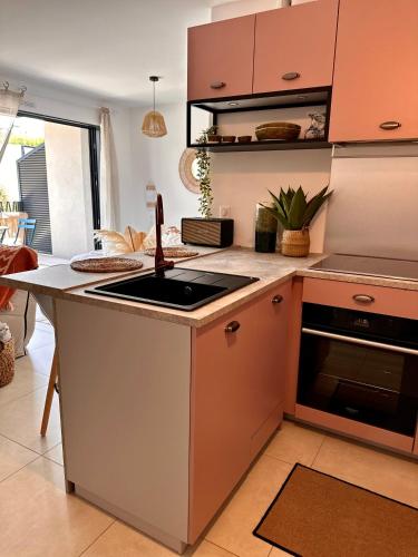une cuisine avec un évier et une cuisinière four supérieur dans l'établissement Appartement Agosta Plage, à Porticcio
