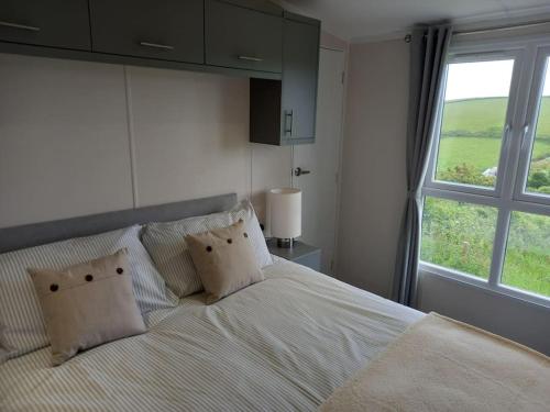 a bedroom with a bed with two pillows and a window at Valley View - panoramic views of Rame in Torpoint