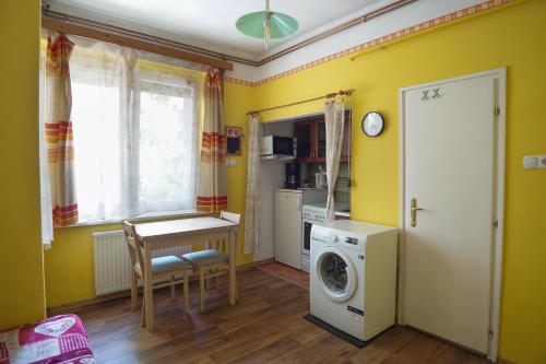 een wasruimte met een wasmachine en een tafel bij Dia Apartman Pécs in Pécs