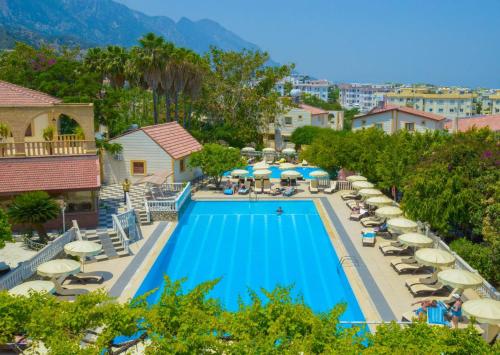 uma vista para uma piscina com cadeiras e guarda-sóis em Riverside Garden Resort em Cirénia
