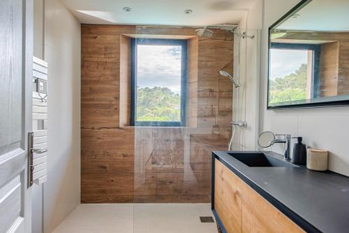 une salle de bain avec une douche avec un lavabo et une fenêtre dans l'établissement Villa Summertime, à Nice