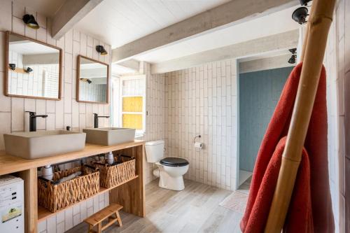 y baño con aseo, lavabo y espejos. en Maison typique et de caractère au cœur d'un des plus beaux villages de France en La Roque-sur-Cèze